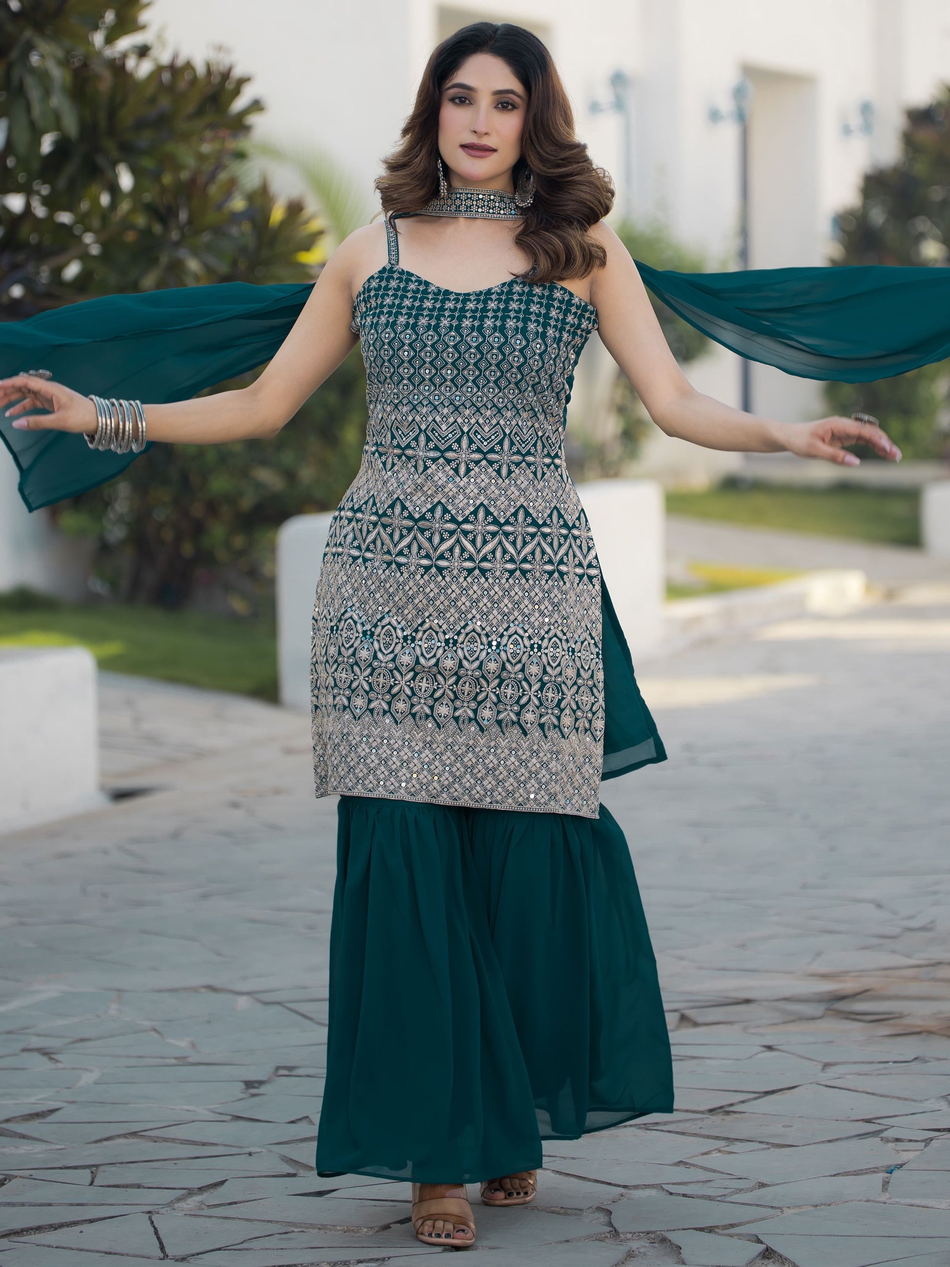 Bollywood Style Teal Blue Color Georgette Sharara Suit For Engagement Ragthm Bollywood Style Teal Blue Color Georgette Sharara Suit For Engagement Ragthm