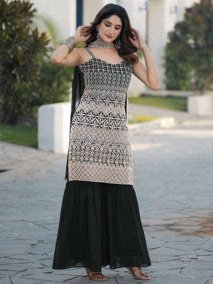 Black color georgette sharara suit with dupatta
