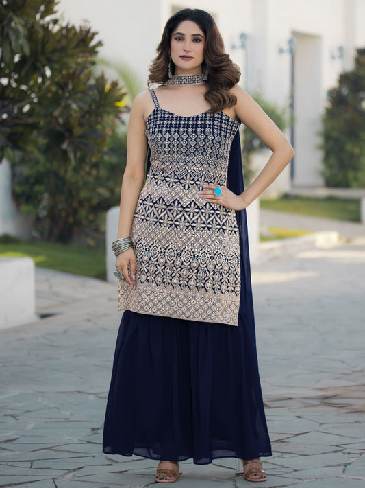 Navy blue color georgette sharara suit for women