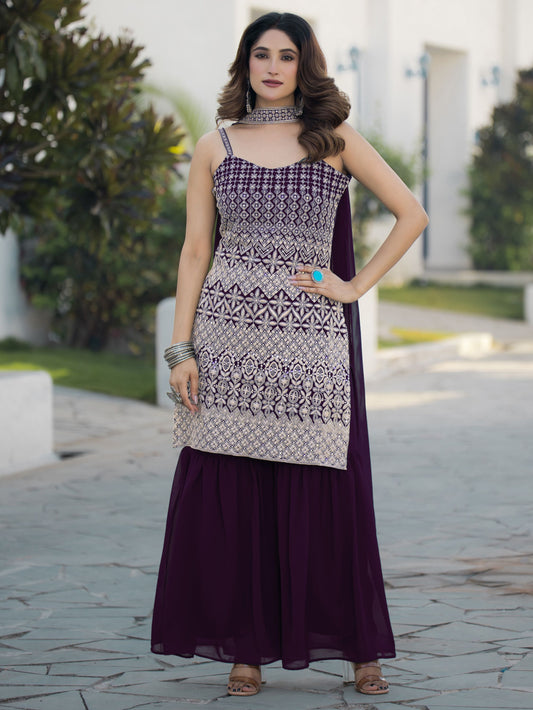 Wine color georgette sharara suit for women