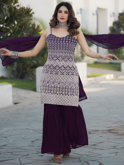 Wine color georgette sharara suit with dupatta online shopping