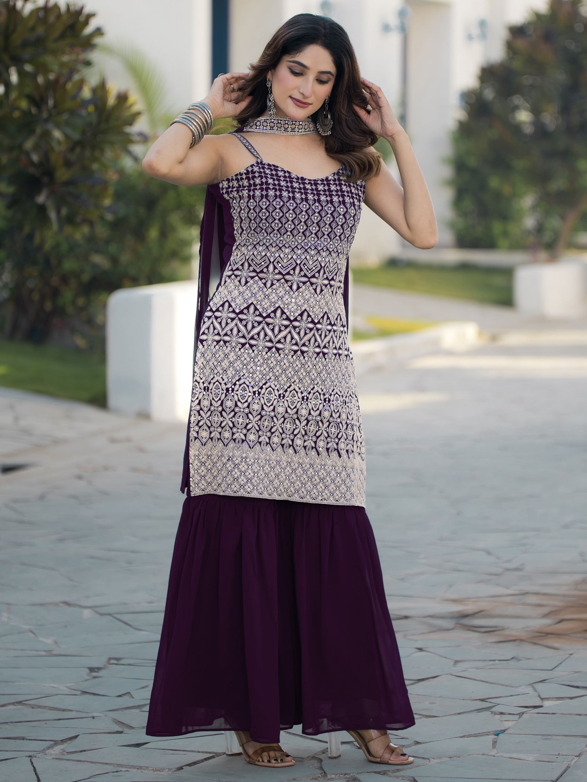 Wine color georgette sharara suit with dupatta images
