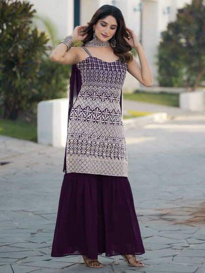 Wine color georgette sharara suit with dupatta images