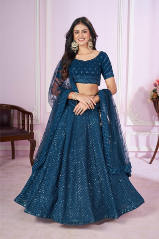 Georgette sequins thread embroidery work blue lehenga