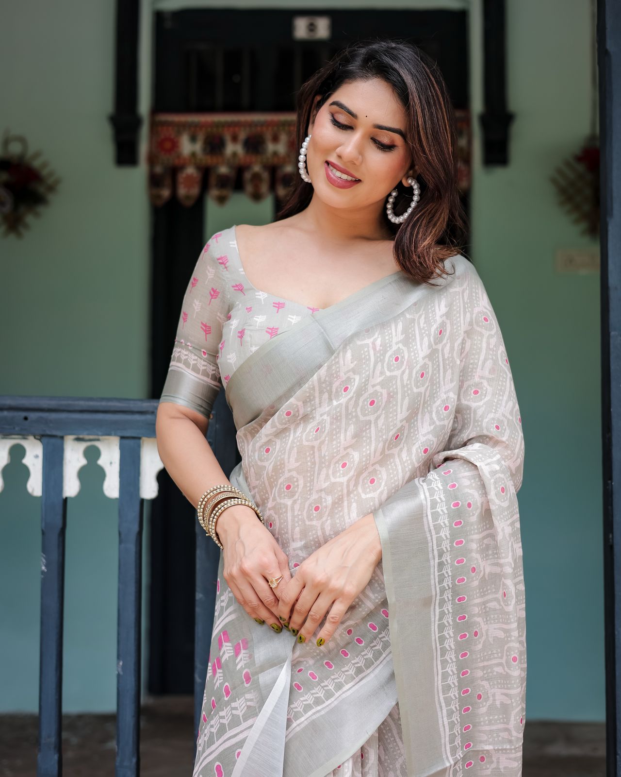 Grey color linen printed saree with blouse price