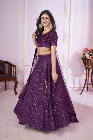 Georgette dark purple lehenga for wedding