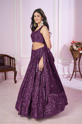 Georgette dark purple lehenga for wedding