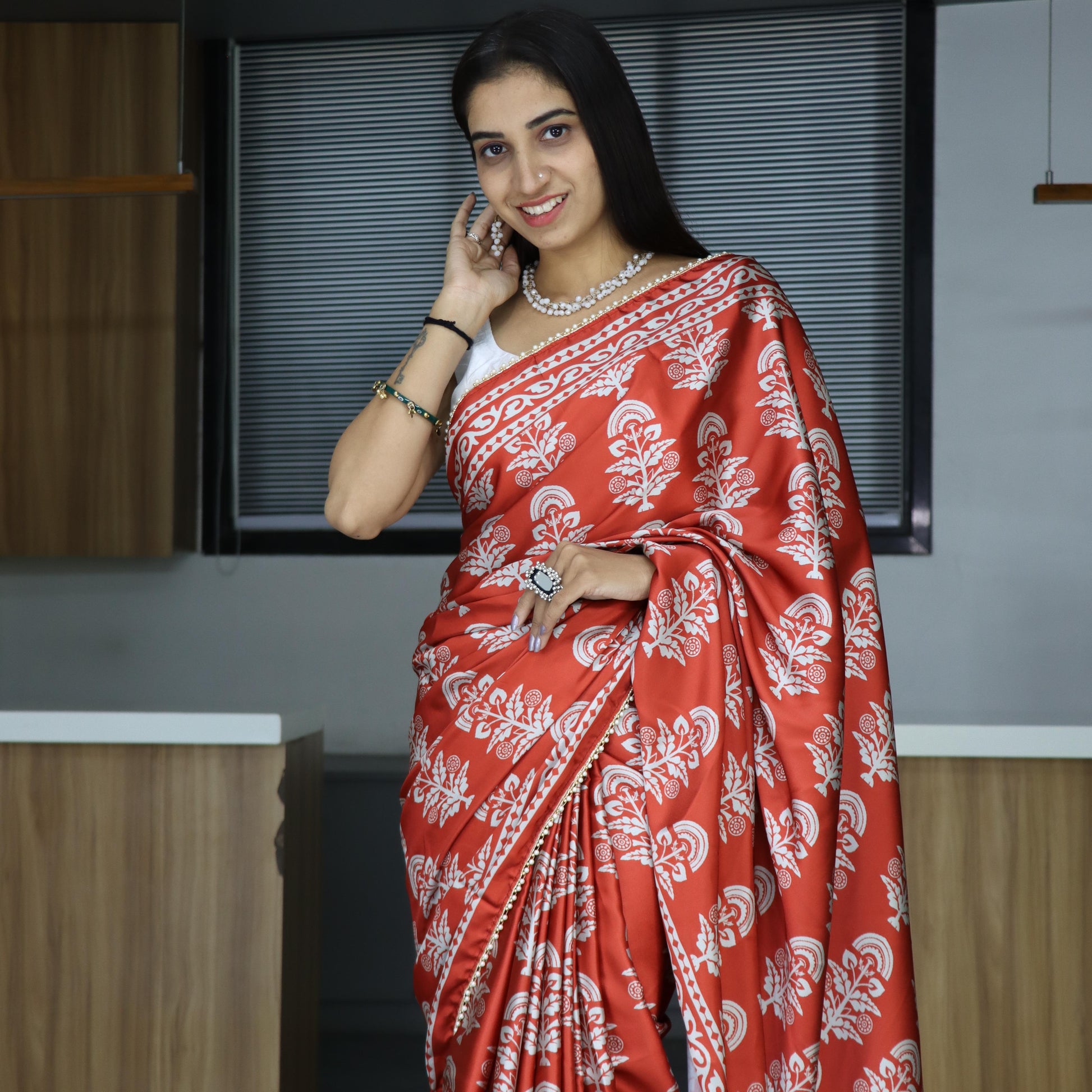 Red color japan satin saree for women price
