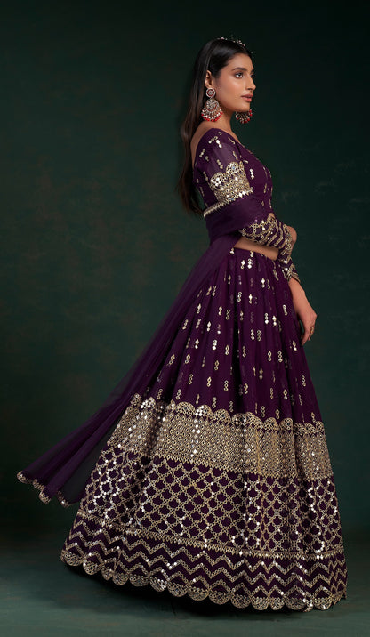 Wine colour lehenga with jewellery