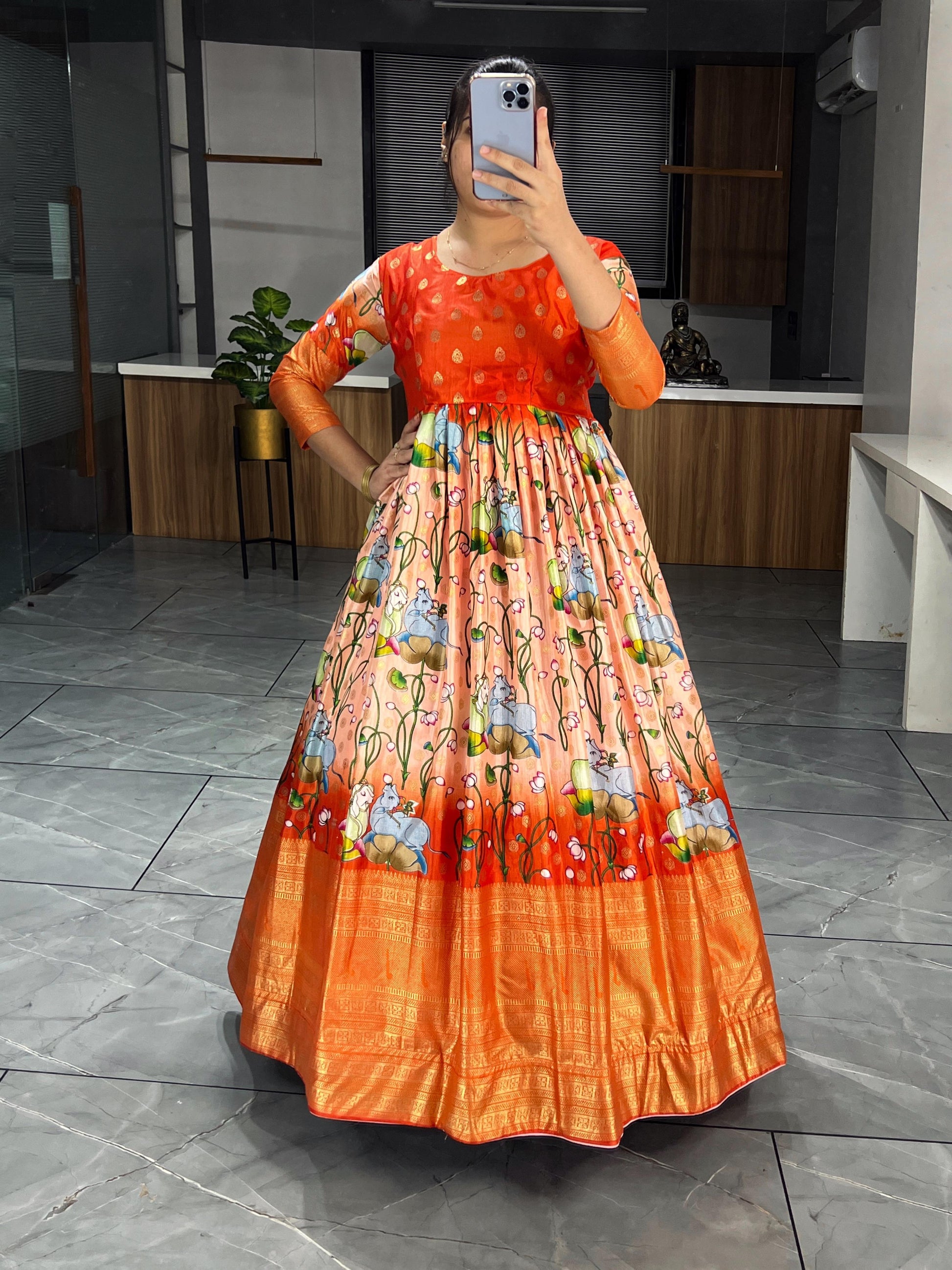 kalamkari long dress Hand-Painted Kalamkari Anarkali Dress with Dupatta: Orange Silk Embroidered Gown,Kalamkari hand print Anarkali dress,orange Anarkali Dress