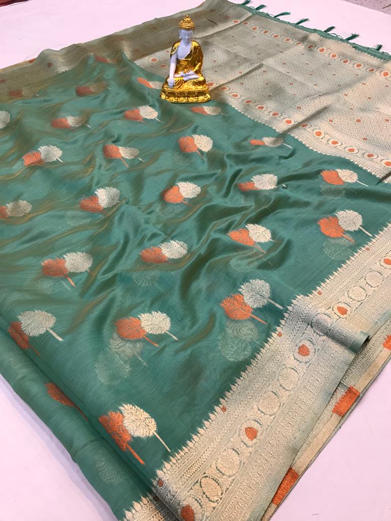 Teal green color organza silk saree with blouse online