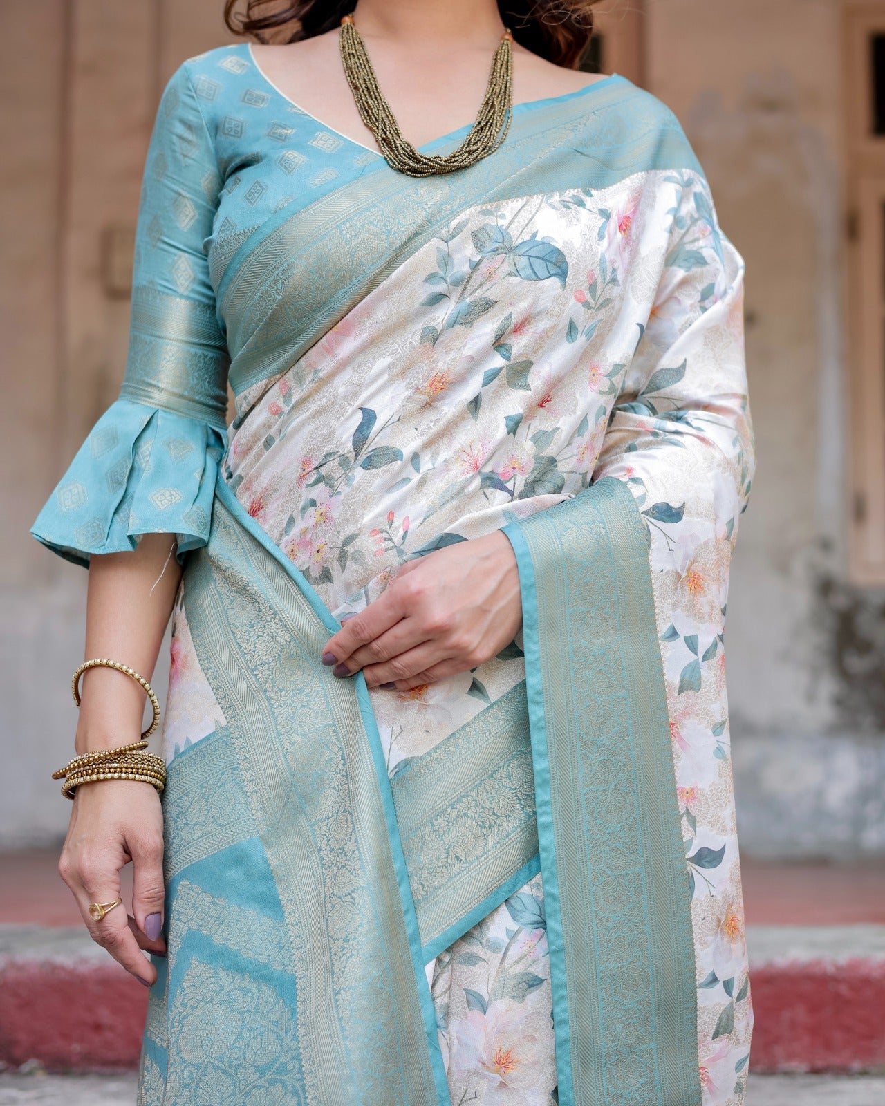Sky blue color banarasi silk saree with blouse images