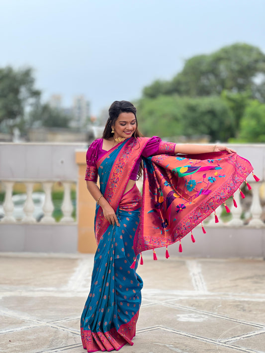 Teal blue color paithani silk saree for women online shopping 

