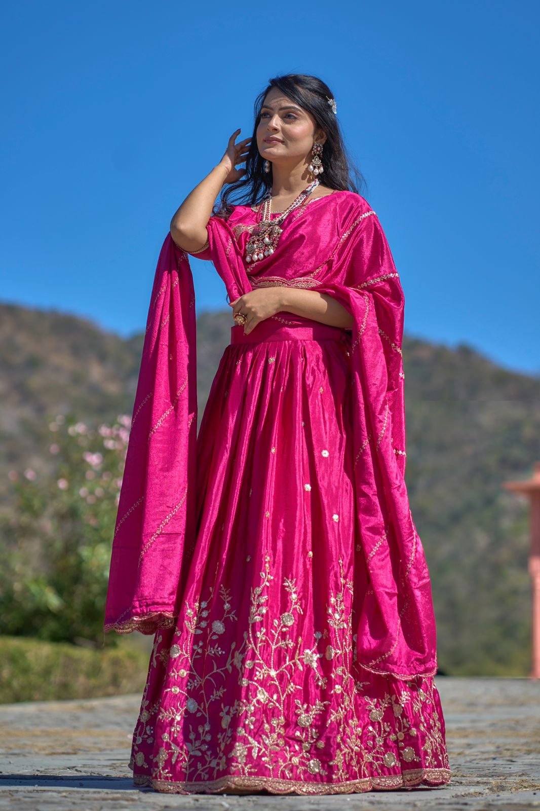Pink color chinon lehenga choli online