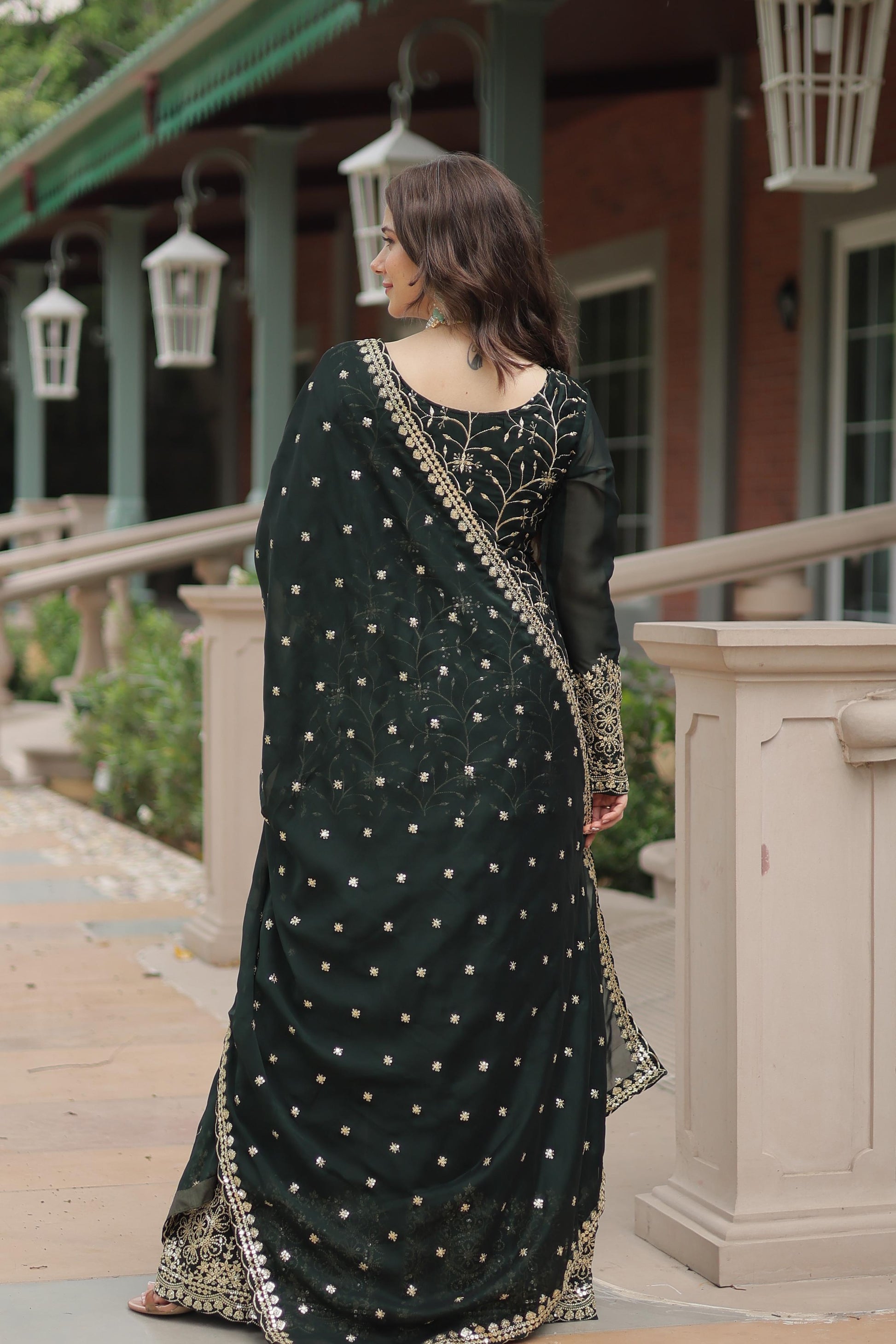 Green color rangoli silk sharara suit for wedding