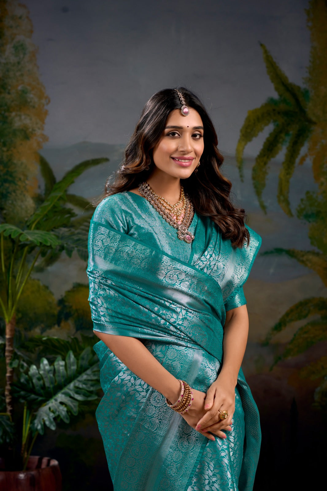 Firozi color kanjivaram saree party wear
