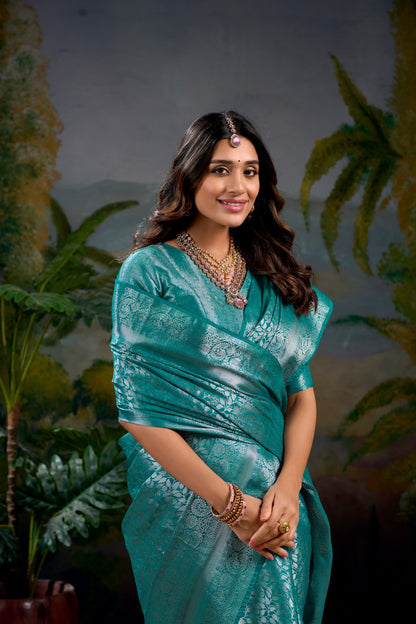 Firozi color kanjivaram saree party wear
