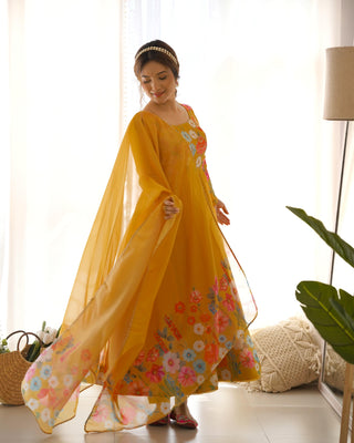 Yellow color oranza silk printed gown with dupatta