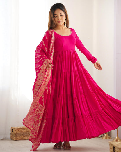 Pink color roman silk chanderi long gown online