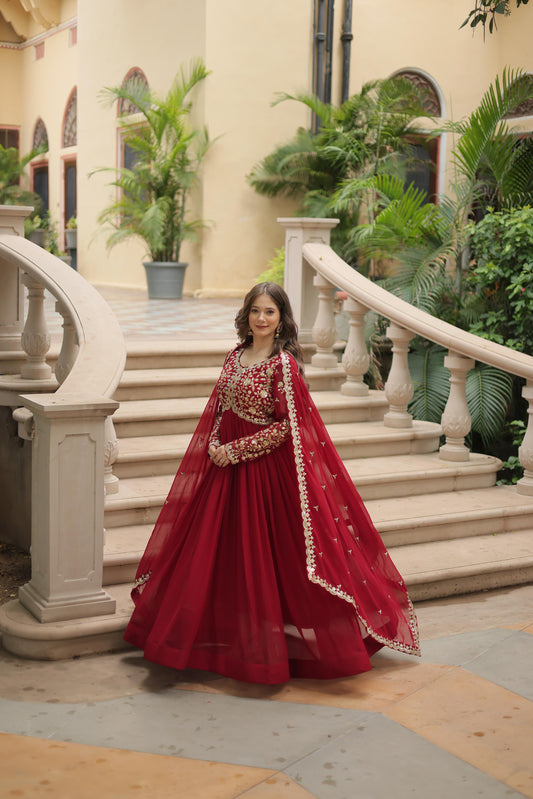 Maroon color  heavy gown with dupatta