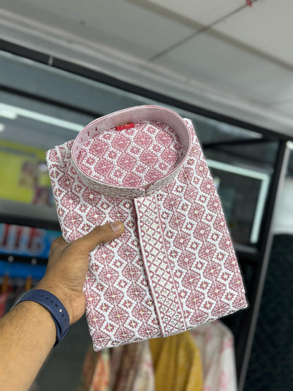 Pink color rayon lucknowi work mens kurta with pajama online
