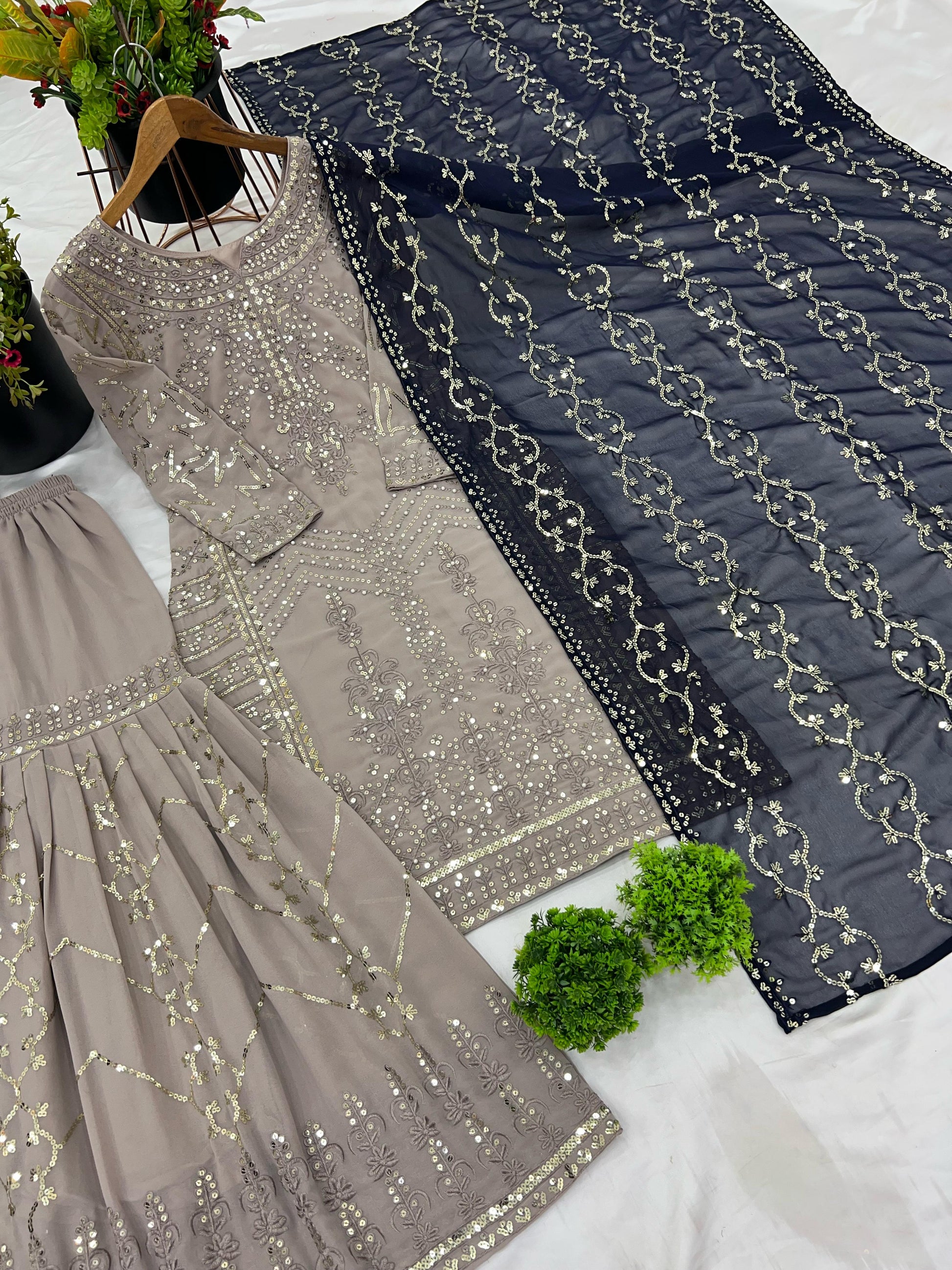 Beige color georgette sharara suit for wedding