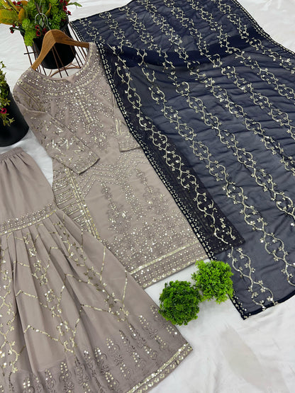 Beige color georgette sharara suit for wedding