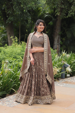 Brown color faux blooming lehenga choli for party
