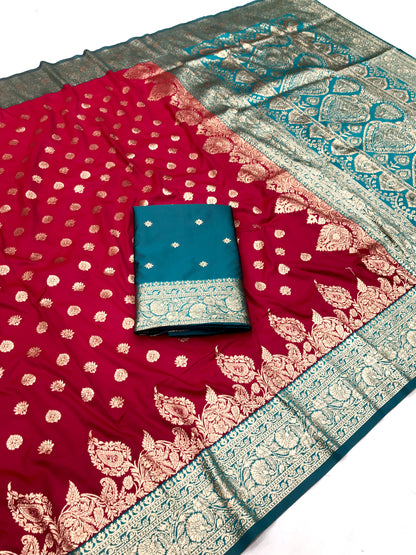 Red color banarasi silk saree for wedding