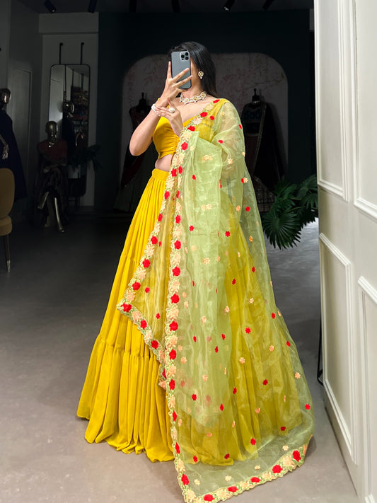 Mustard color georgette lehenga choli for wedding
