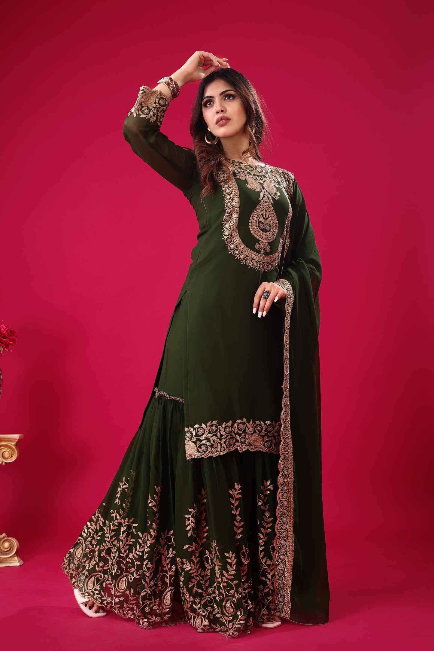 Green color georgette sharara suit with dupatta online