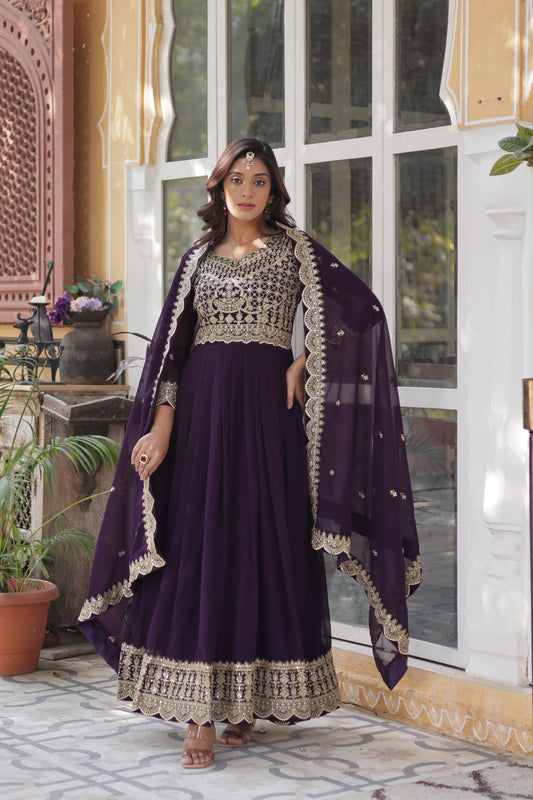Purple color faux blooming long gown for women
