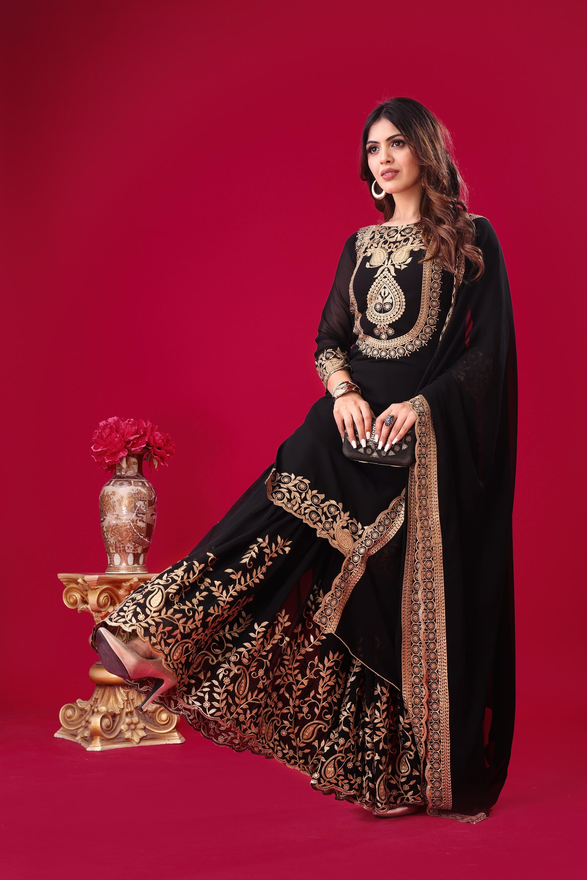 Black color georgette sharara suit with dupatta
