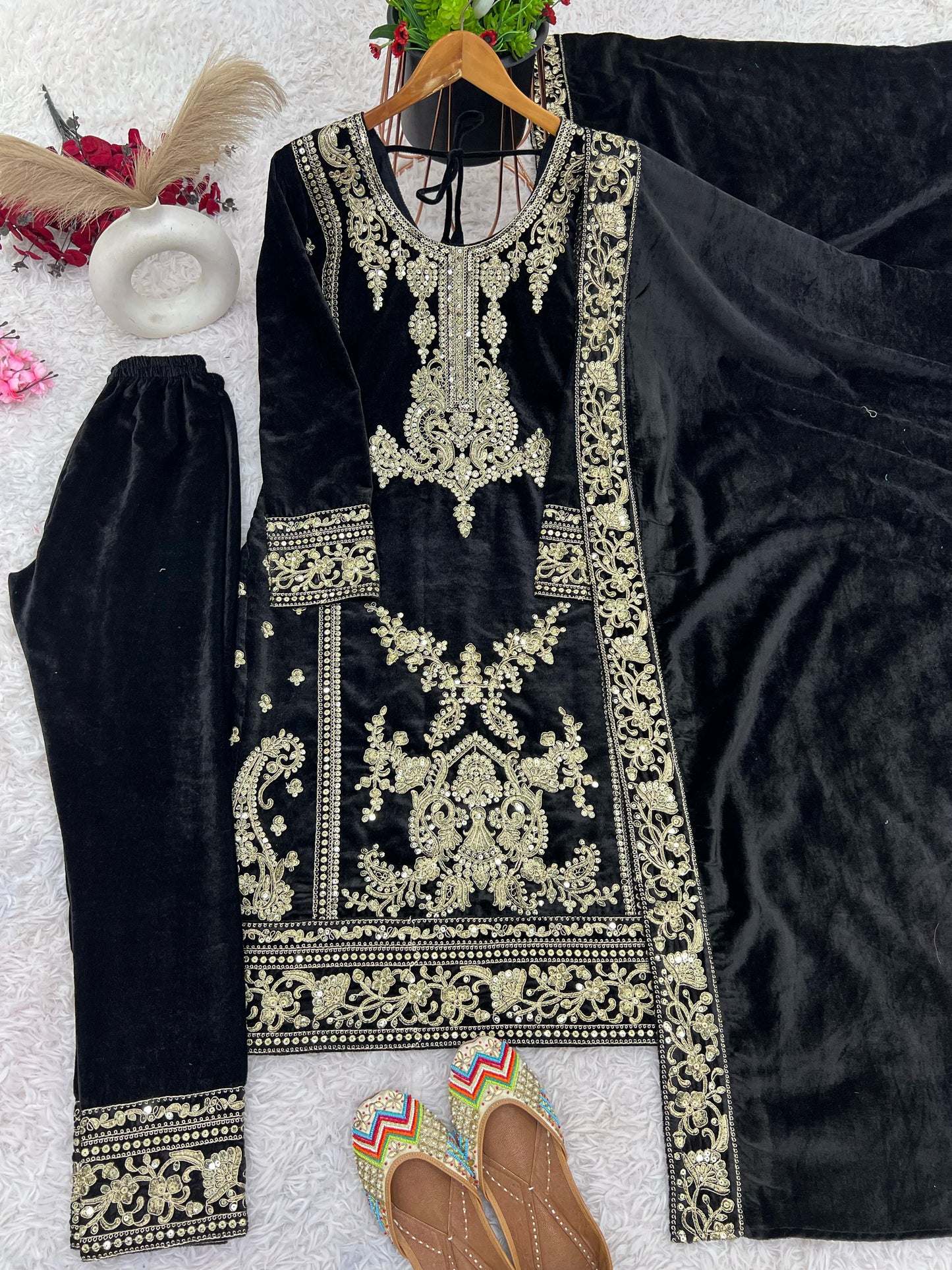 Black color viscose velvet salwar kameez  for women