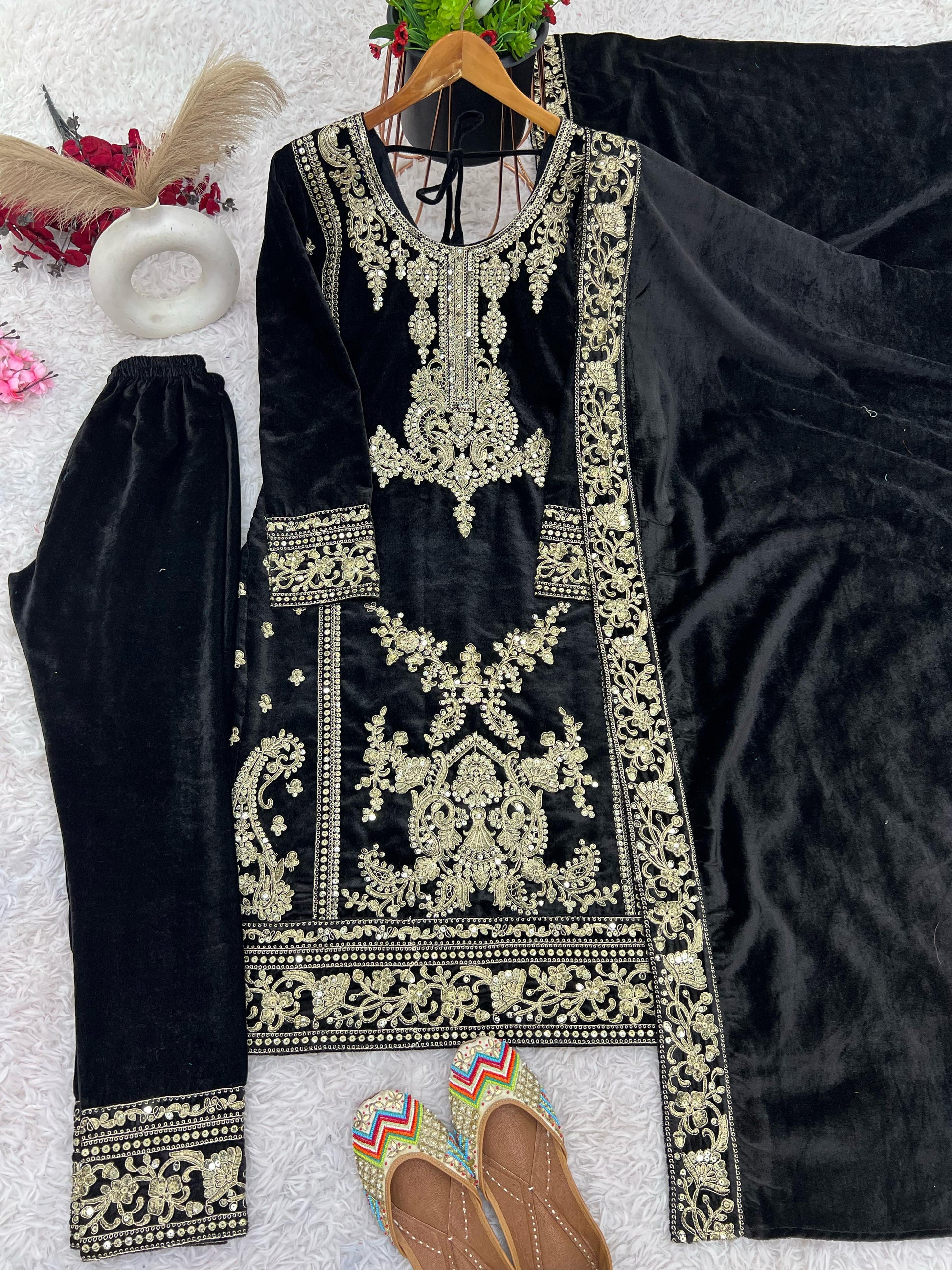 Black color viscose velvet salwar kameez  for women