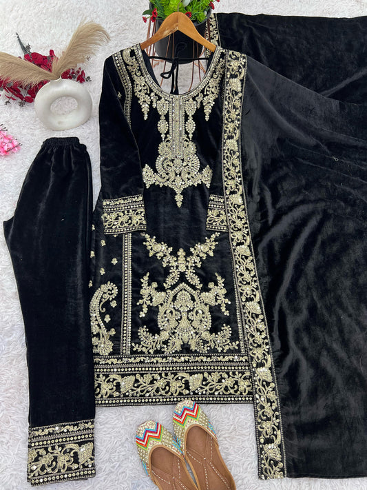 Black color viscose velvet salwar kameez  for women