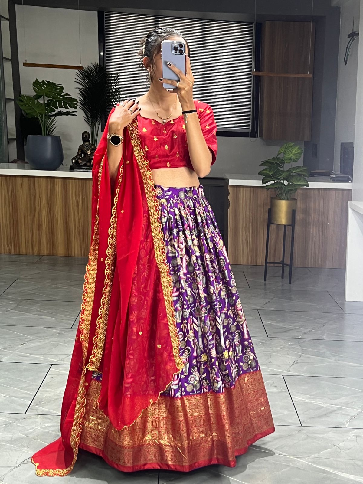 Purple Kalamkari Lehenga choli Designs
