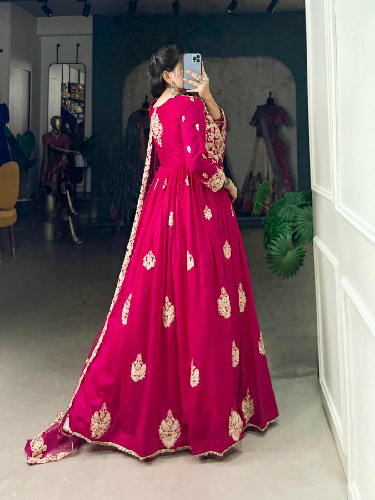 Rani pink color vichitra silk long gown for women