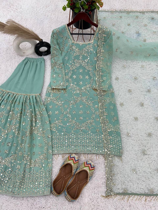 Sky color georgette sharara suit for women