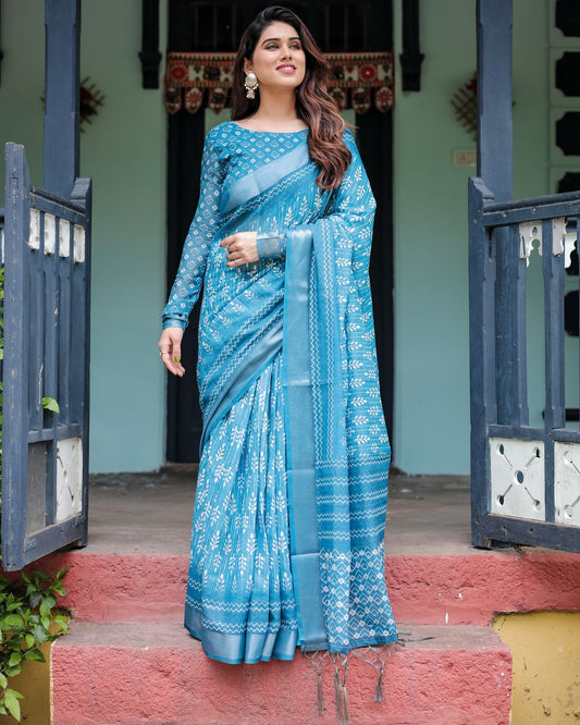 Turquoise linen printed saree for women
