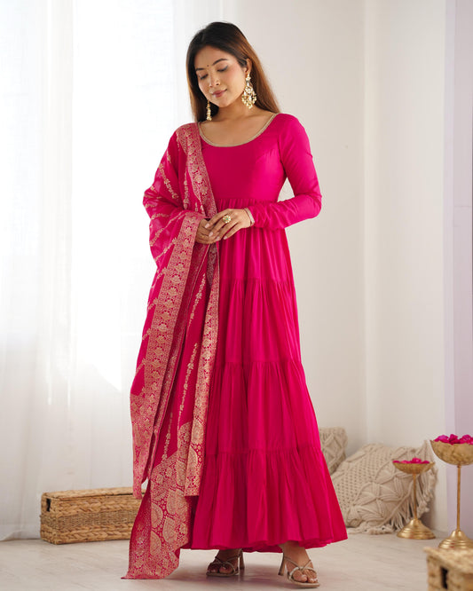 Pink color roman silk chanderi long gown