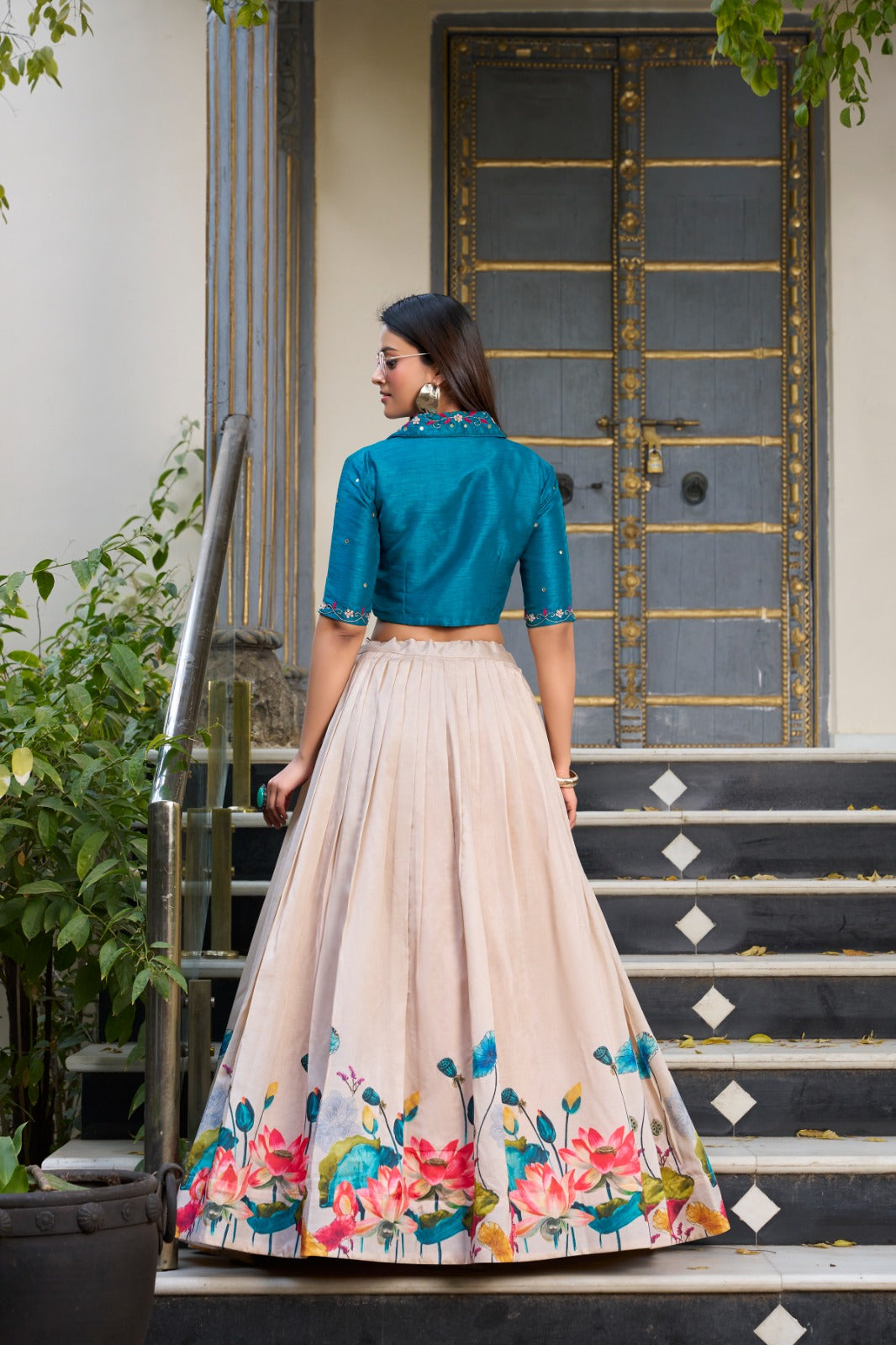 Off white color tussar silk lehenga with blouse for party