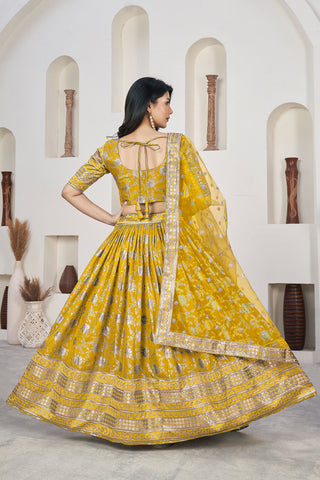 Yellow color dola jacquard lehenga choli for women images