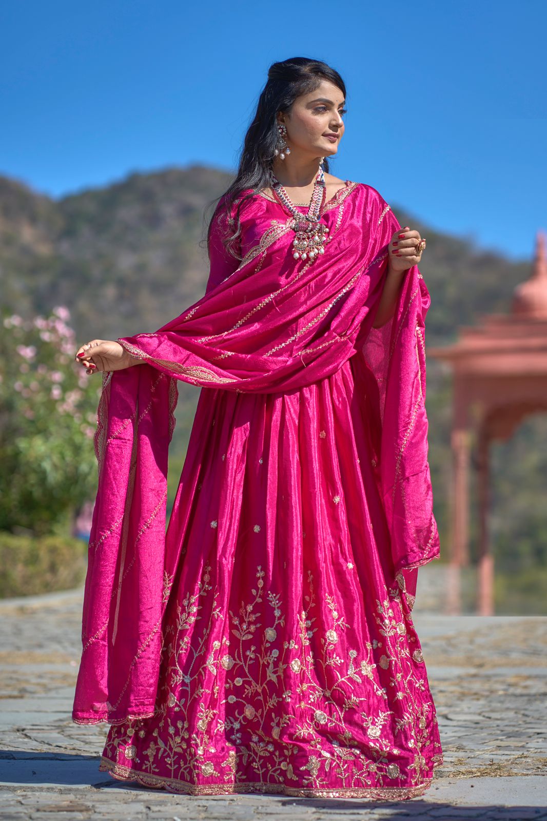 Pink color chinon lehenga choli for women
