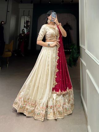 Wedding wear Off White color vichitra silk lehenga choli images