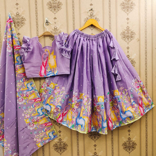 Lavender color silk printed lehenga choli images