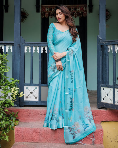 Sky color linen printed saree for women