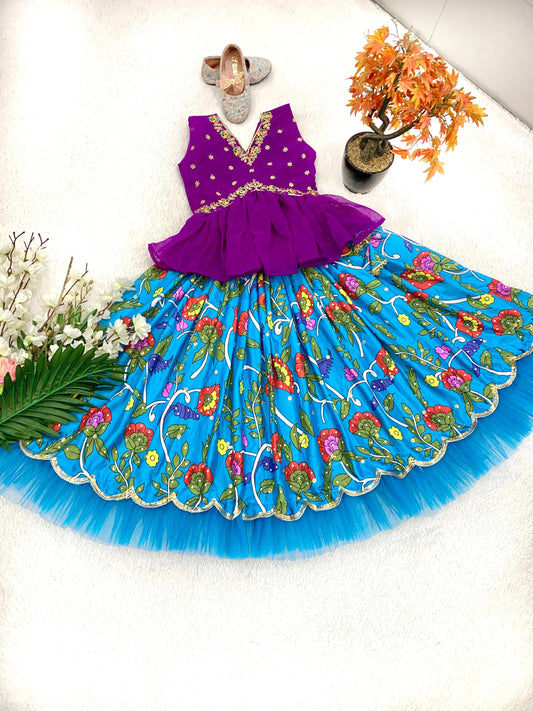 Sky color chinon silk lehenga with top 