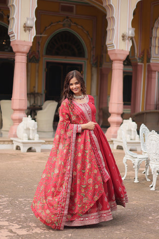 Maroon color floral design gown