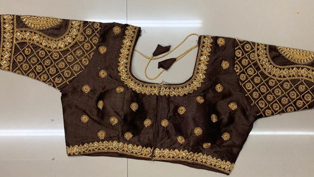 Brown color silk embroidery work blouse for women images
